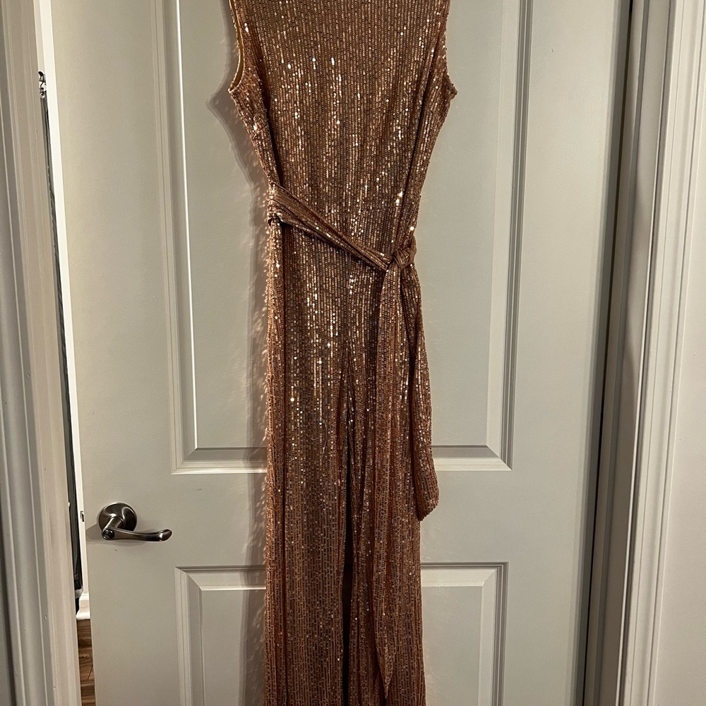 Gold Sequin Jumpsuit with Side Tie & Open Back